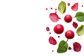 Fresh red ingredients with green leaves arranged beautifully for a culinary presentation