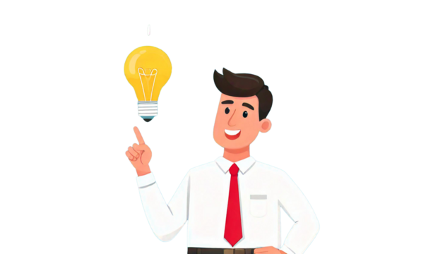 PNG format, transparent . Male cartoon character in white shirt, tie, lightbulb above head, pointing finger, innovative thinking, modern concept, creative solution, inspiration, brainstorming, profes