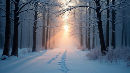 Sunlit Path through the Snowy Forest