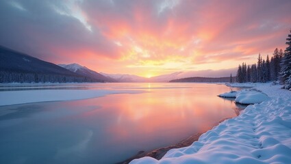 Winter&rsquo;s Radiant Sunset on a Frozen Lake