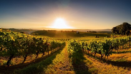 a beautiful vineyard bathed in the warm light of a sunrise with neat rows of grapevines stretching into the distance evoking growth and promise