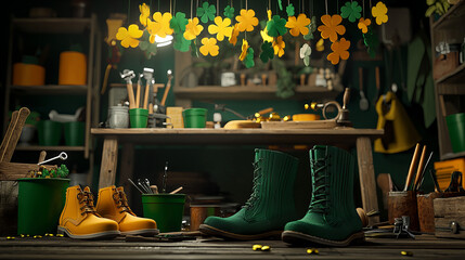 Creative workshop setup with themed decorations and colorful boots in a cozy indoor space
