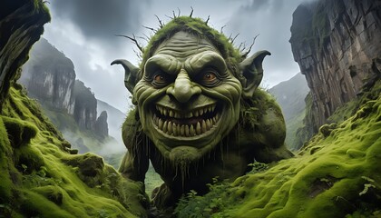 Grinning Moss-Covered Goblin in a Misty Mountain Landscape