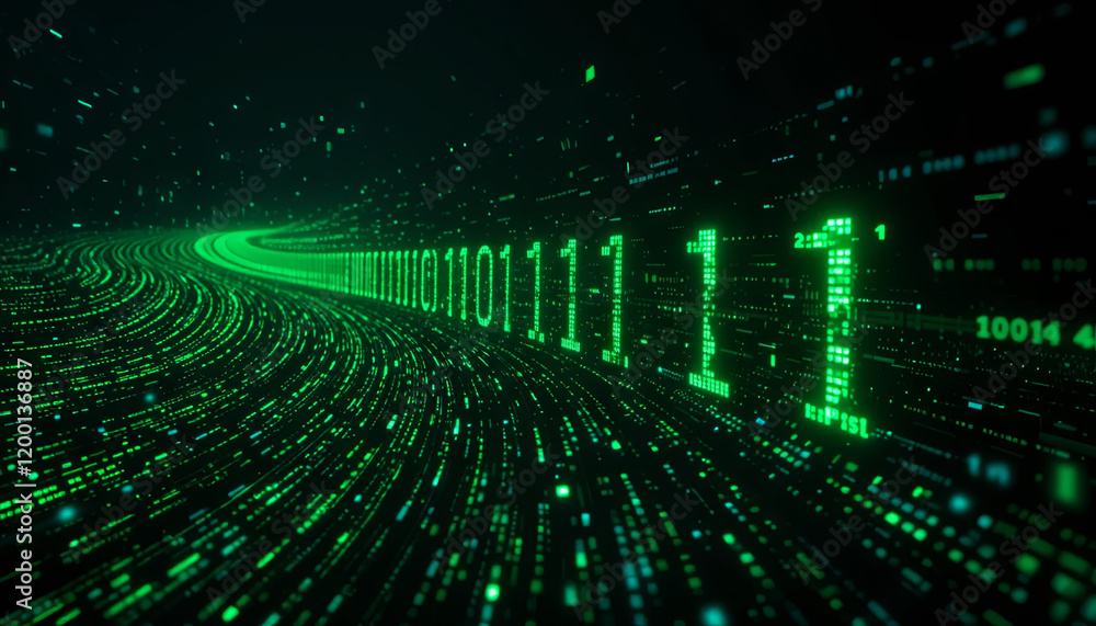 Poster bright green binary numbers surge through a flowing tunnel, illustrating the movement of data in a d