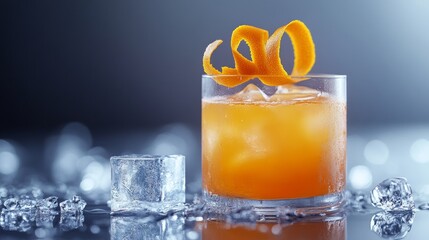 A bright orange cocktail garnished with orange peel, served over ice in a glass with scattered ice cubes on a reflective surface