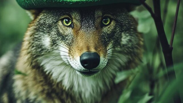 Wolf wearing a green hat in a lush forest setting during daytime