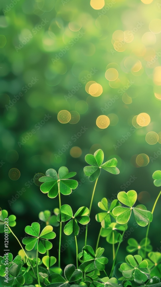 Poster lush green clover field with soft bokeh background