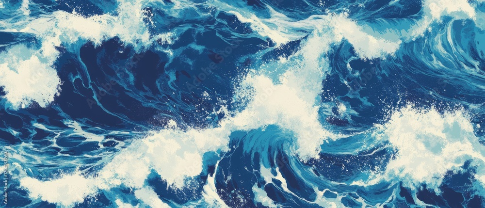 Poster Ocean waves and crashing surf create a vibrant seamless pattern with dynamic textures and colors