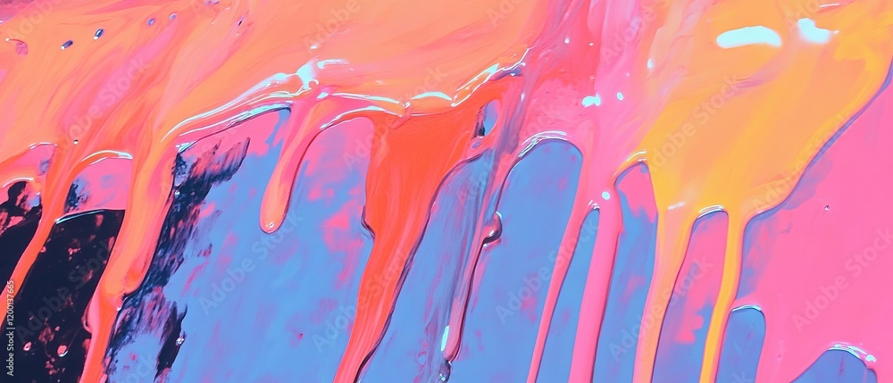 Poster vibrant oil paint drips create abstract patterns on a colorful canvas