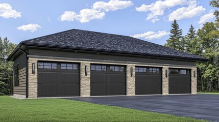 Fototapeta premium A contemporary 3-car garage with dark gray steel doors, beige stone accents, and a slate black shingle roof