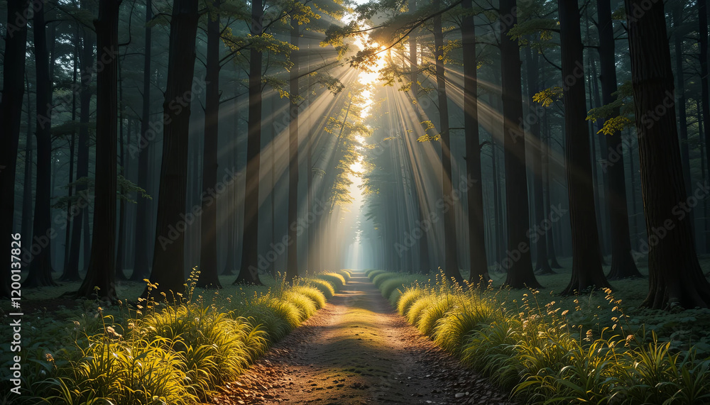 Aufkleber sunlight streams through the canopy of tall trees, illuminating a quiet forest path lined with vibra
