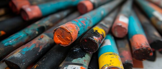 Obraz premium Vibrant oil paint tubes showcasing rich textures and colors in an artist's workspace