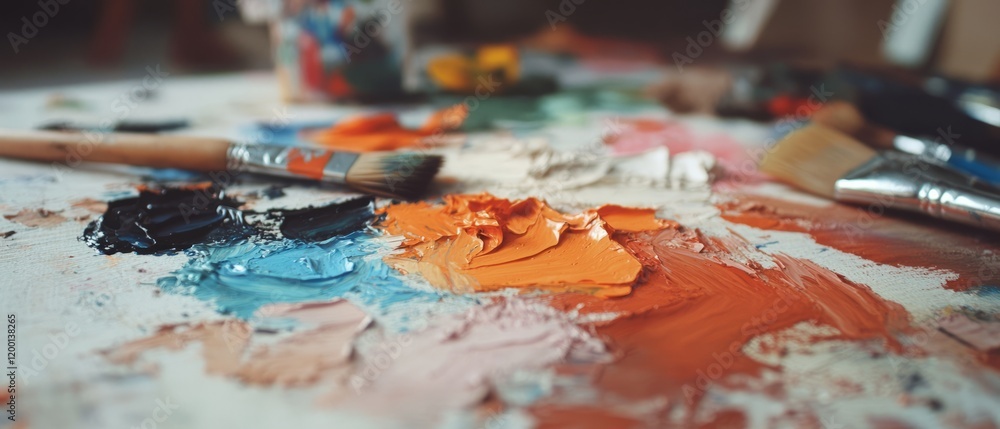 Poster exploring textures in oil painting with dry brush technique on a creative workspace