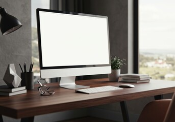 Fototapeta premium A functional and modern computer desk setup with a wooden surface, a white-screen computer, and elegant decor items.