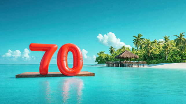 Inflatable number 70 floating on tropical beach with wooden pier