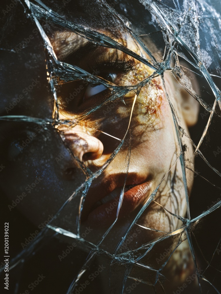 Leinwandbilder reflection of a fractured visage through shattered glass captures a poignant moment of introspection