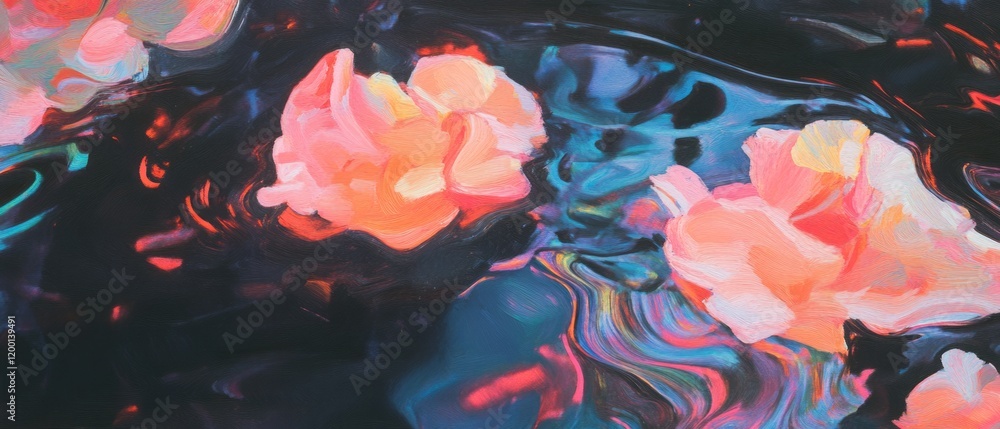 Poster Brightly colored flowers floating on a textured backdrop of color swirls and brush strokes