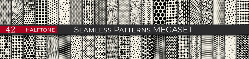 This seamless halftone pattern set includes 42 geometric black-and-white designs, ideal for modern and retro projects.