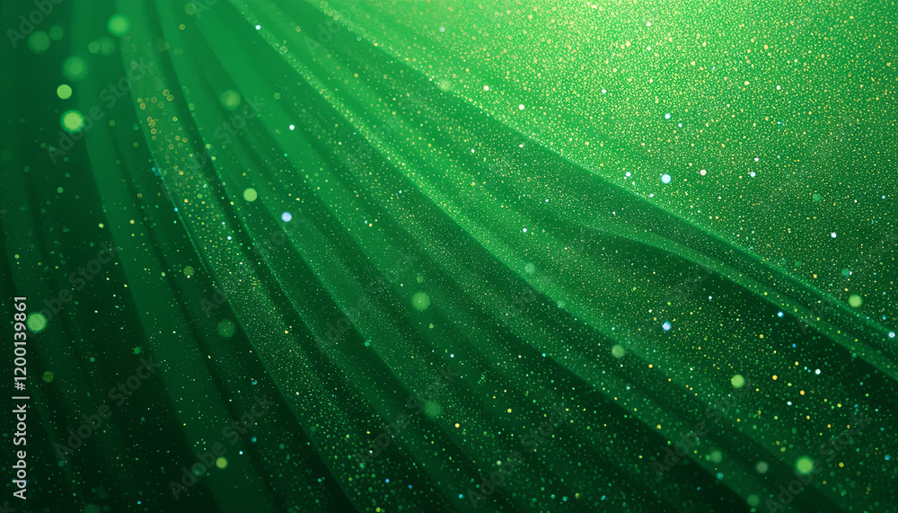 Poster a flowing, rich green background filled with glimmering particles adds a dynamic feel to the visual.