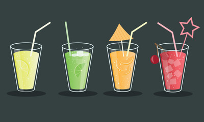 A flat design illustration featuring four glasses of drinks: lemonade, lime cocktail, orange juice, and cherry cocktail, decorated with straws, ice, and details. Vector illustration
