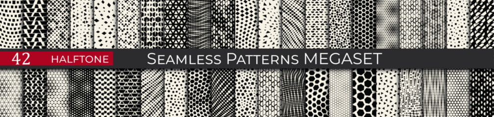 This seamless halftone pattern set includes 42 geometric black-and-white designs, ideal for modern and retro projects.