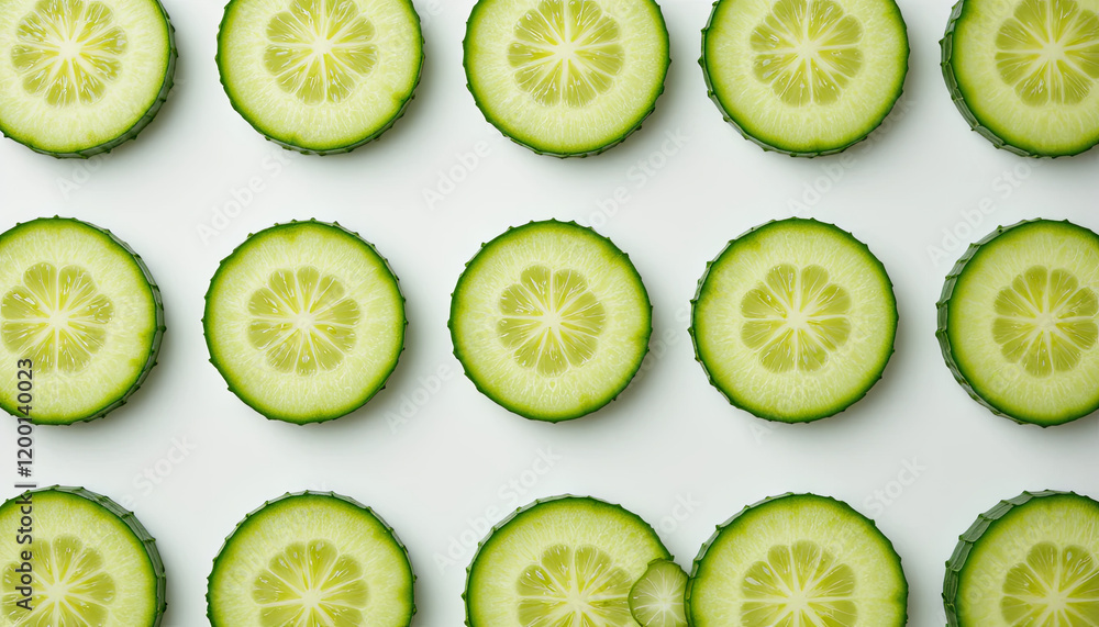 Poster vibrant cucumber slices are laid out in a precise grid on a smooth white surface, showcasing their v
