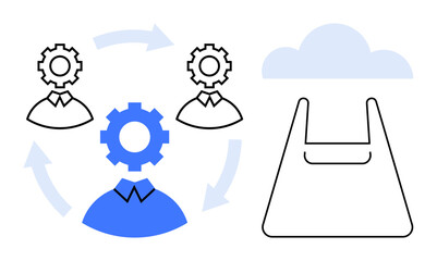 Three gear-headed individuals connected by rotating arrows indicate teamwork and workflow automation. A cloud icon suggests cloud storage or cloud-based services. Ideal for business processes