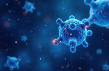 virus molecular structure floating in space with glowing particles, illustration. biochemistry and chemical research. viral particles, infection, dangerous pathogens transmission. vaccine development