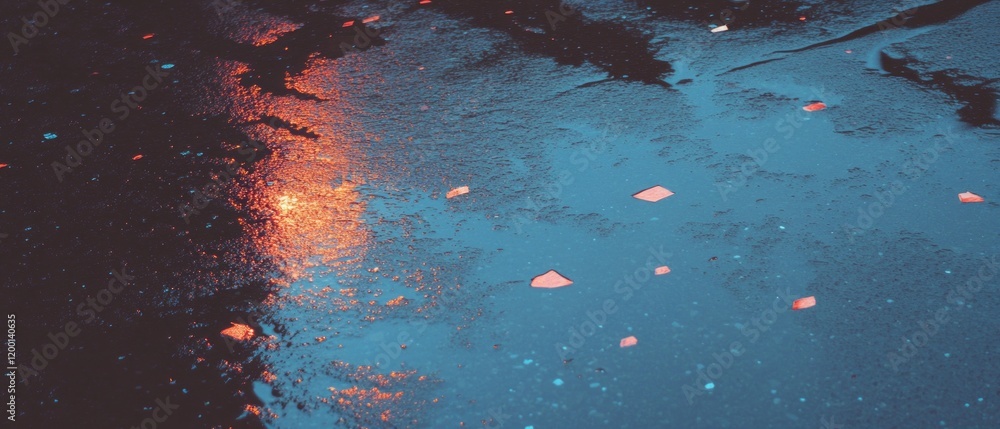 Poster Puddles and reflections on wet asphalt create vibrant textures in a colorful city setting
