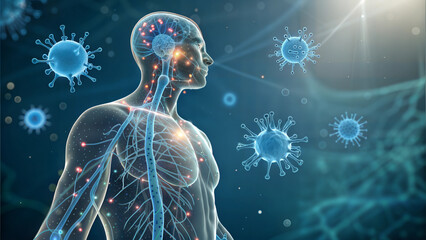 Human body with glowing immune system surrounded by virus particles in futuristic digital concept