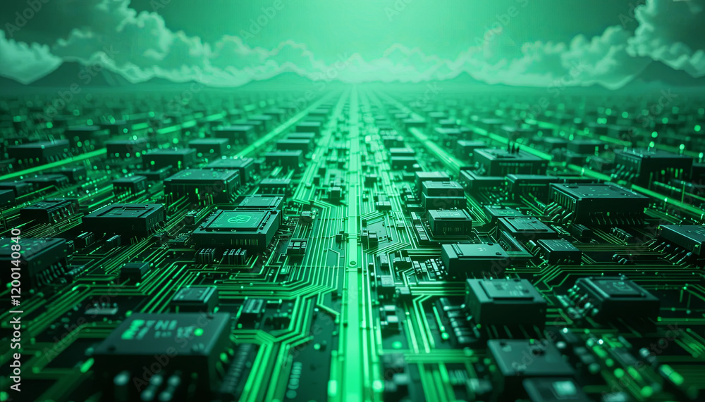 Poster a sprawling grid filled with intricate circuit boards and microchips highlights the evolution of tec