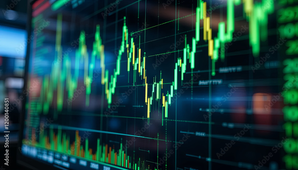 Poster a digital display shows fluctuating stock market data with green and red indicators during a busy tr