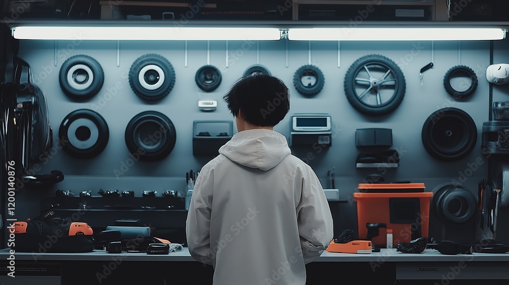 Poster young engineer analyzing mechanical components in a futuristic lab. robotics, automation, and techno