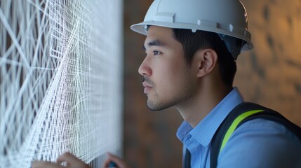 Retrofit infrastructure for digital modernization. Engineer analyzing data with digital interface in modern workspace.