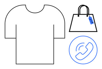 Black outlined shirt, a shopping bag with blue tag, and phone call symbol. Ideal for retail, online shopping, fashion, customer support, e-commerce sales and communications abstracts. Clean