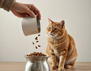 hand pours cat food into a bowl, red cat sits and looks