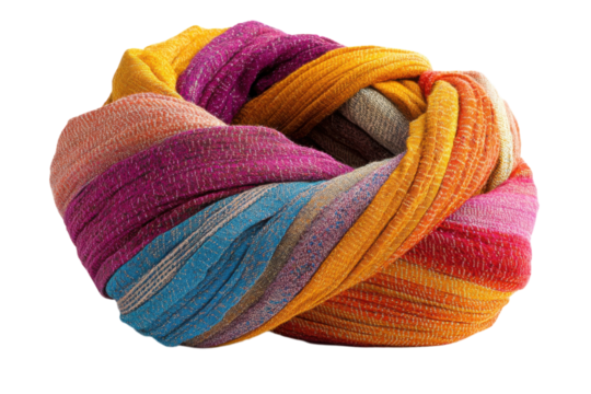 Colorful knitted scarf in vibrant hues showcasing handmade craftsmanship and texture