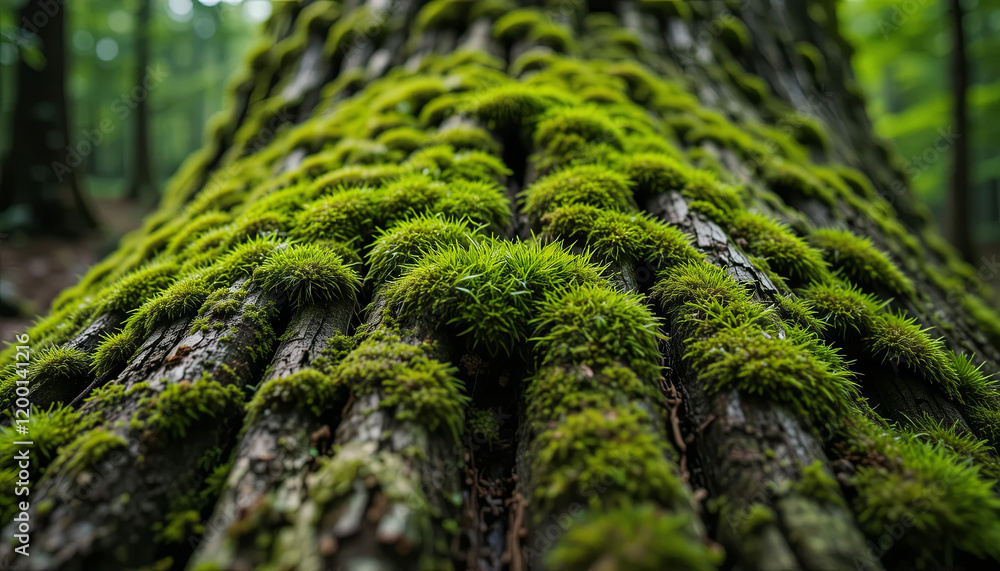 Poster vibrant green moss blankets the surface of a fallen tree trunk, creating a soft, textured landscape.