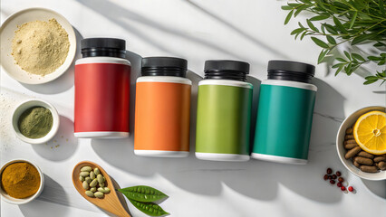 Assorted supplement bottles with natural ingredients, vitamins, and superfoods for health