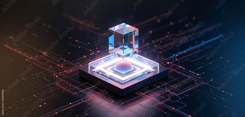 Poster glass cubes resting on a circuit board representing data