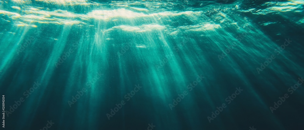 Poster vibrant underwater texture with sunlight rays and marine life depicted in a seamless pattern