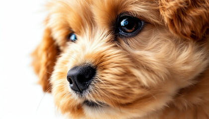 Cute golden puppy with fluffy fur and expressive eyes poses for a close-up in a bright setting