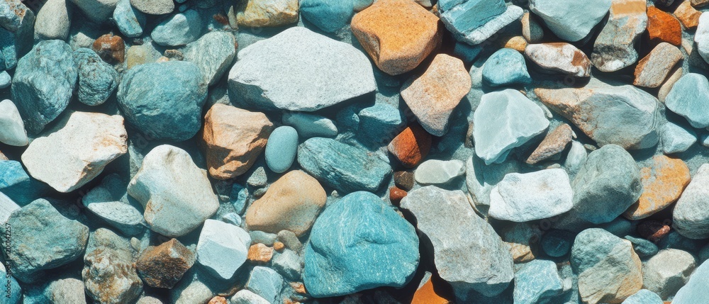 Poster Water flows over colorful rocks creating a vibrant and textured surface from a top view perspective