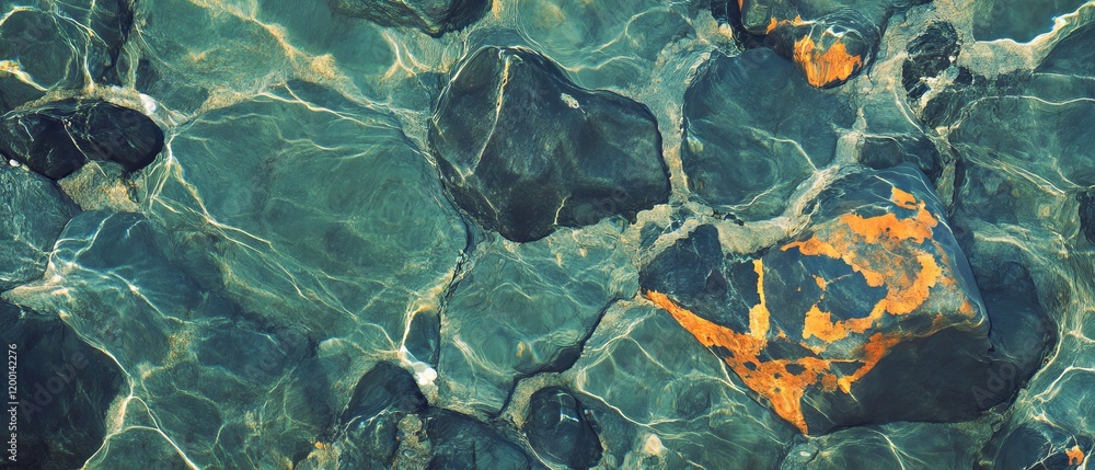 Poster Water flows over colorful rocks creating a seamless pattern with vibrant textures from above