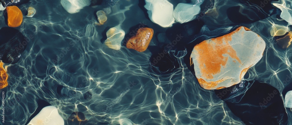 Poster Vibrant water flow over smooth stones in a tranquil setting, creating a seamless pattern of nature