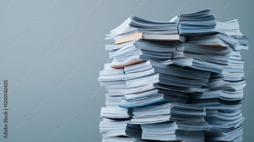 Poster overwhelming stack of disorganized documents and papers with blue tinge against a soft gray backgrou