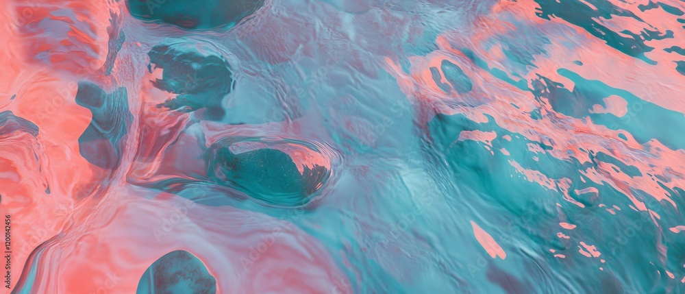 Poster Vibrant water flowing over smooth rocks and wet stones in a seamless pattern from a top view