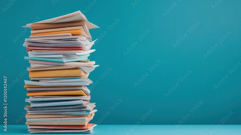 Poster stacked colorful paper documents on teal background with soft shadows and bright lighting for office