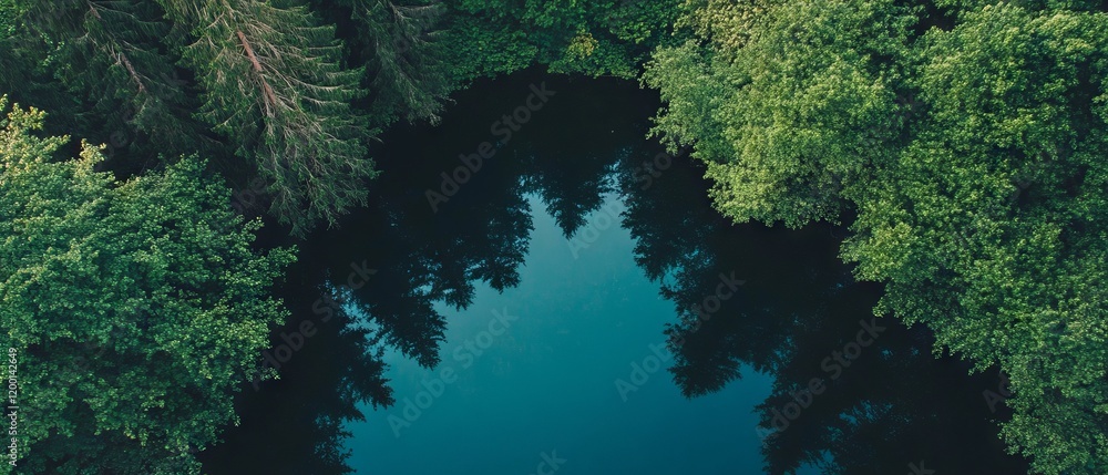 Poster serene reflection of lush trees in a calm lake surrounded by vibrant forest landscape