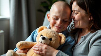 Mother and son smiling together while holding a teddy bear in a warm and comforting environment